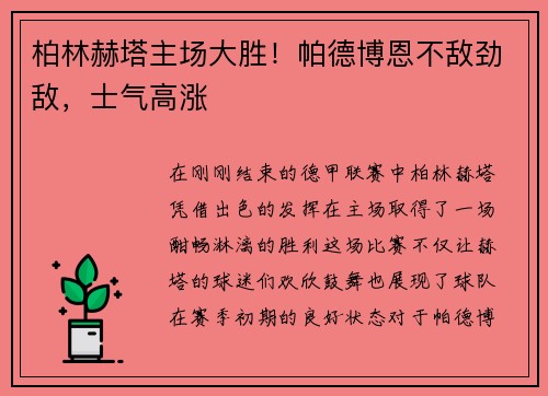 柏林赫塔主场大胜！帕德博恩不敌劲敌，士气高涨